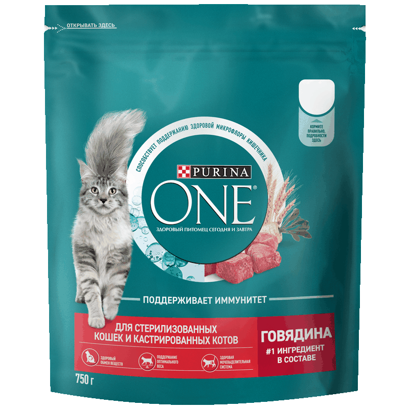 Корм Purinа One для стерилизованных кошек, говядина, пшеница, 750 г
