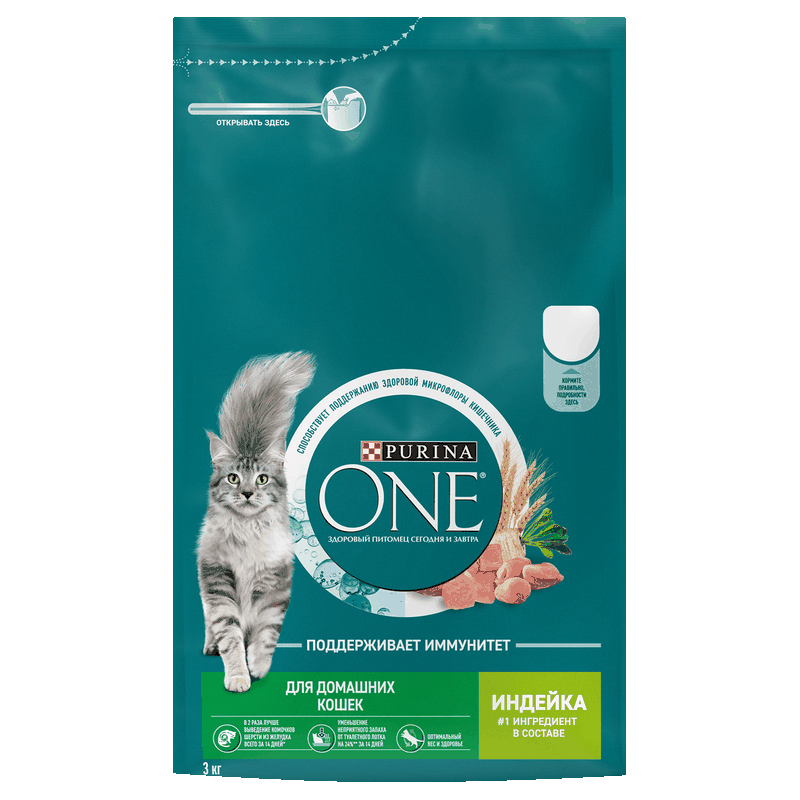 Корм Purina One для домашних кошек индейка, злаки, 3 кг