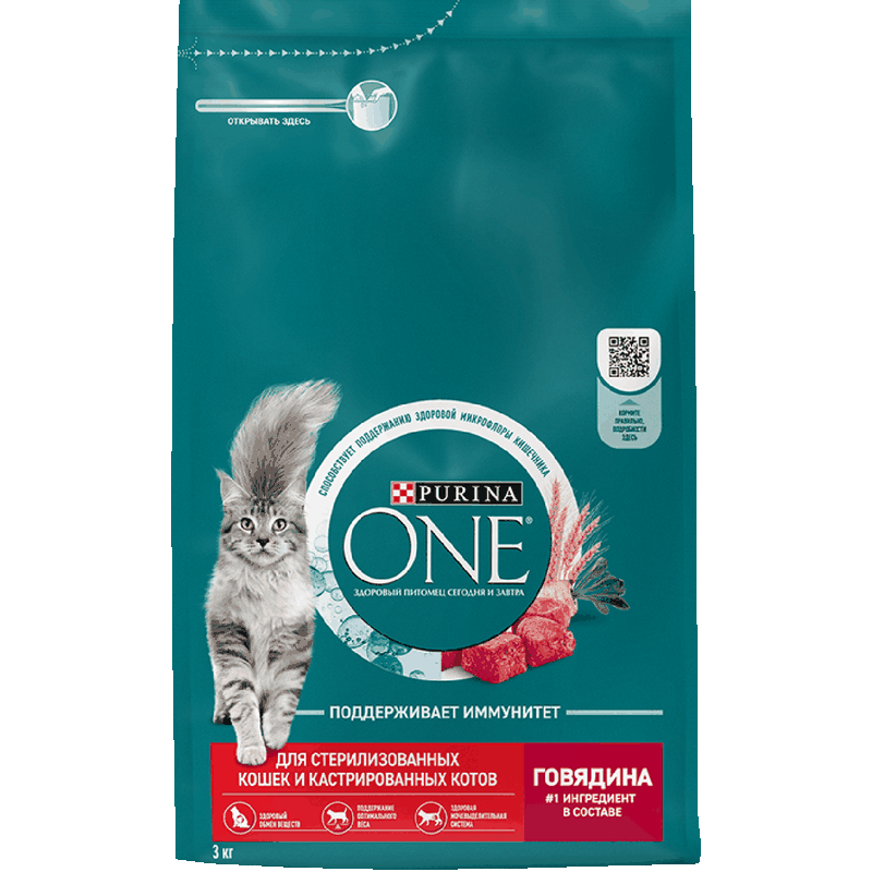 Kорм Purina One для стерилизованных кошек говядина, пшеница, 3 кг
