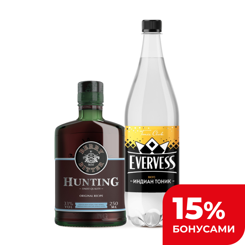 Ликер Хантинг Биттер Ягодный 33%, 0,25 л + Тоник Evervess Индиан, 1 л