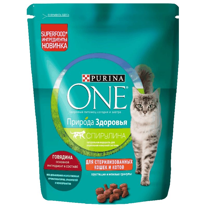 Корм Purina One для стерилизованных кошек с говядиной и спирулиной, 680 г