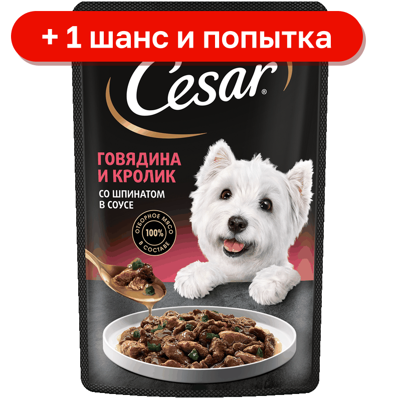 Корм для собак Cesar влажный говядина/кролик/шпинат в соусе, 85 г