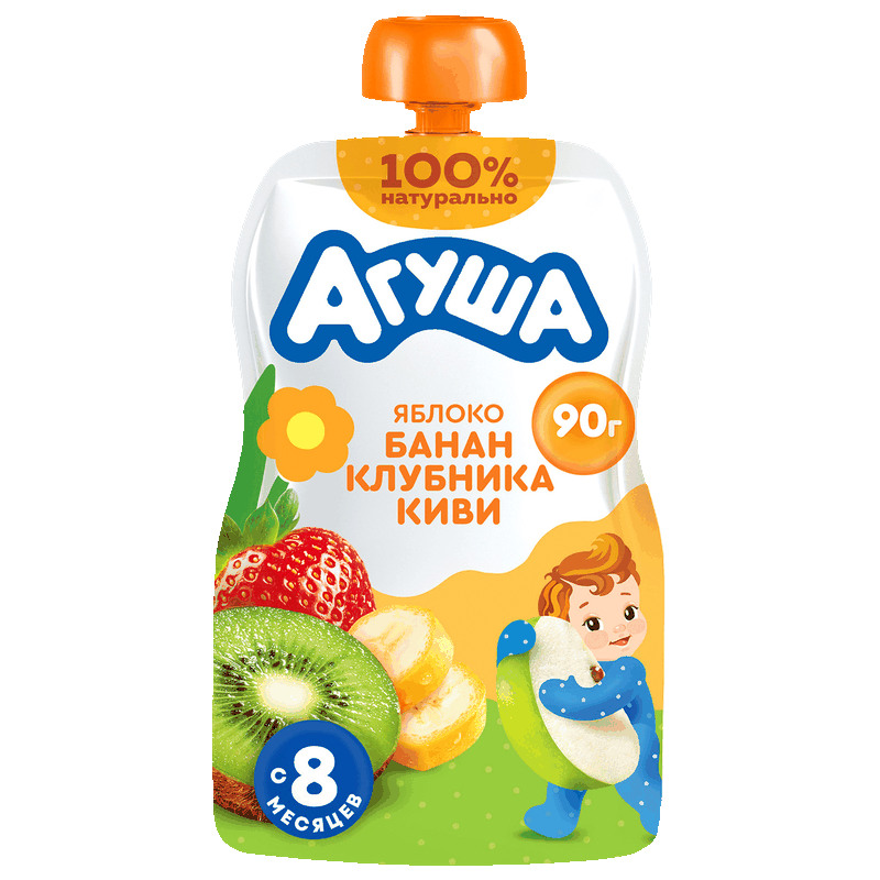 Пюре Агуша яблоко, банан, клубника, киви с 8 месяцев, 90 г 