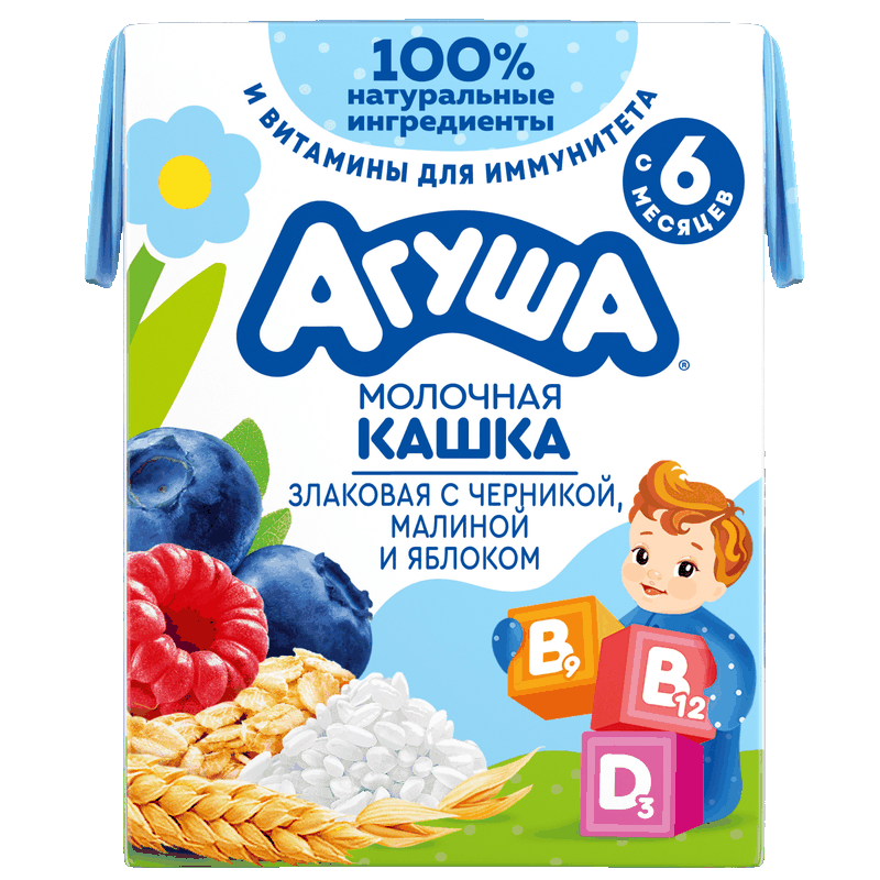 Каша Агуша молочная злаковая с черникой, малиной и яблоком, с 6 месяцев, 200 мл