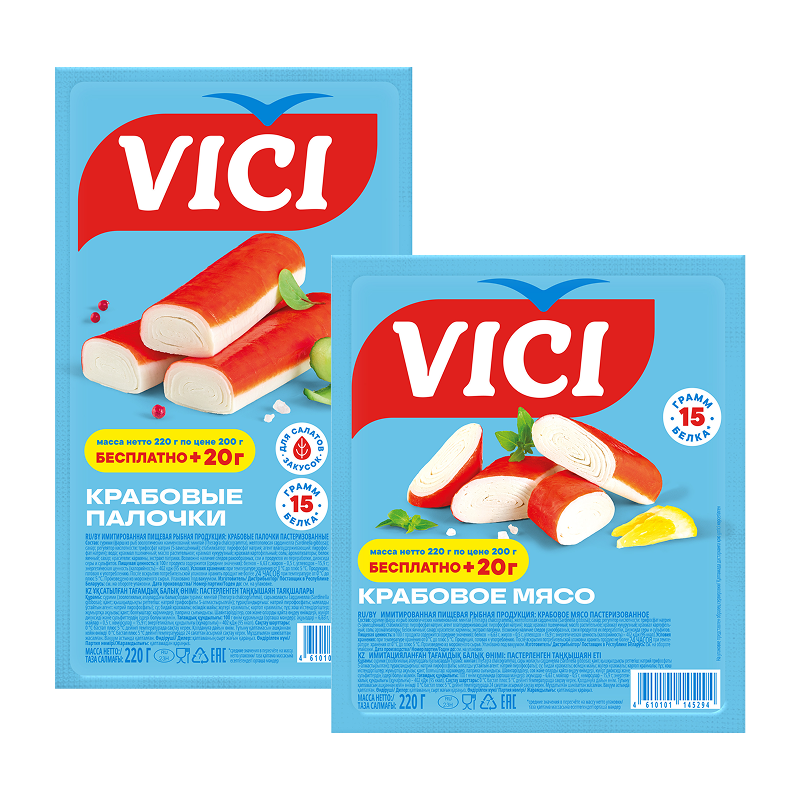 Крабовое мясо или Крабовые палочки Vici, 220 г