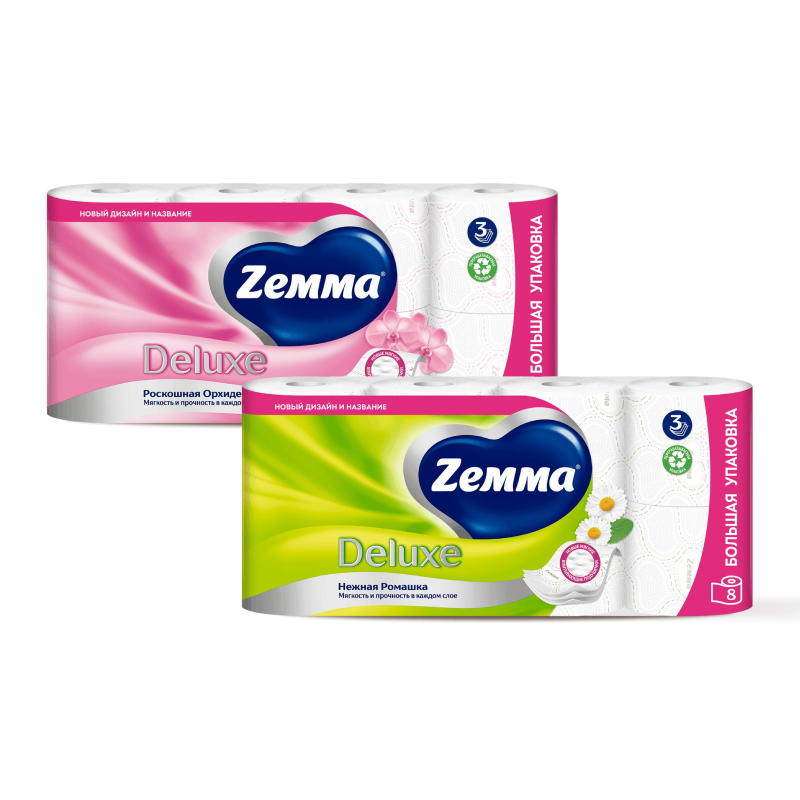 Туалетная бумага Zewa/Zemma Deluxe 3 слоя, 8 рулонов в ассортименте