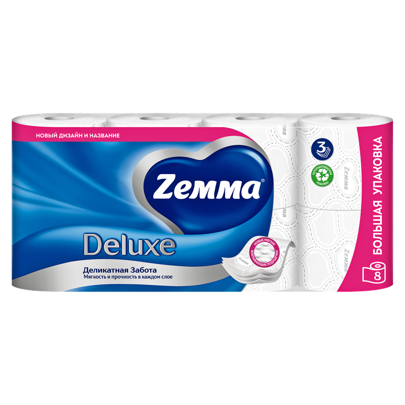 Туалетная бумага Zewa Deluxe белая 3 слоя, 8 рулонов